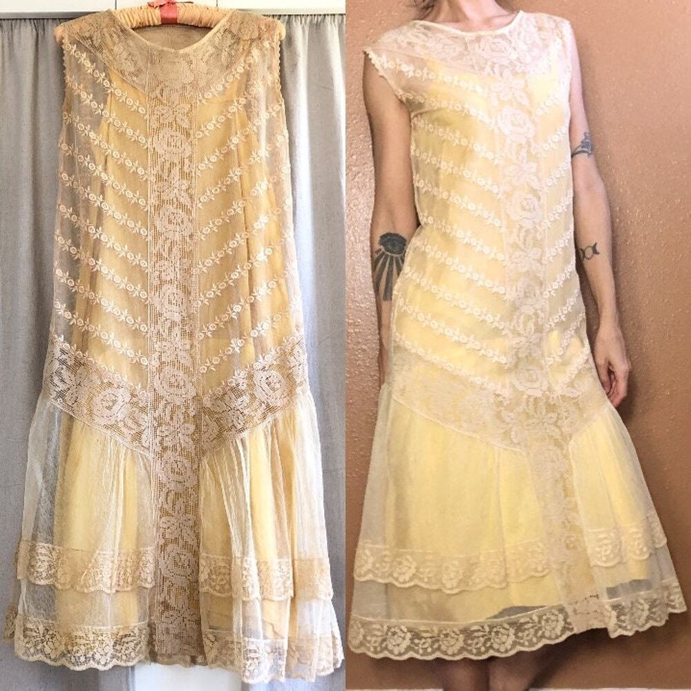 Vintage 1920s Sheer Mesh Net Crochet Drop Waist Dress + Silk Slip Deco Flapper